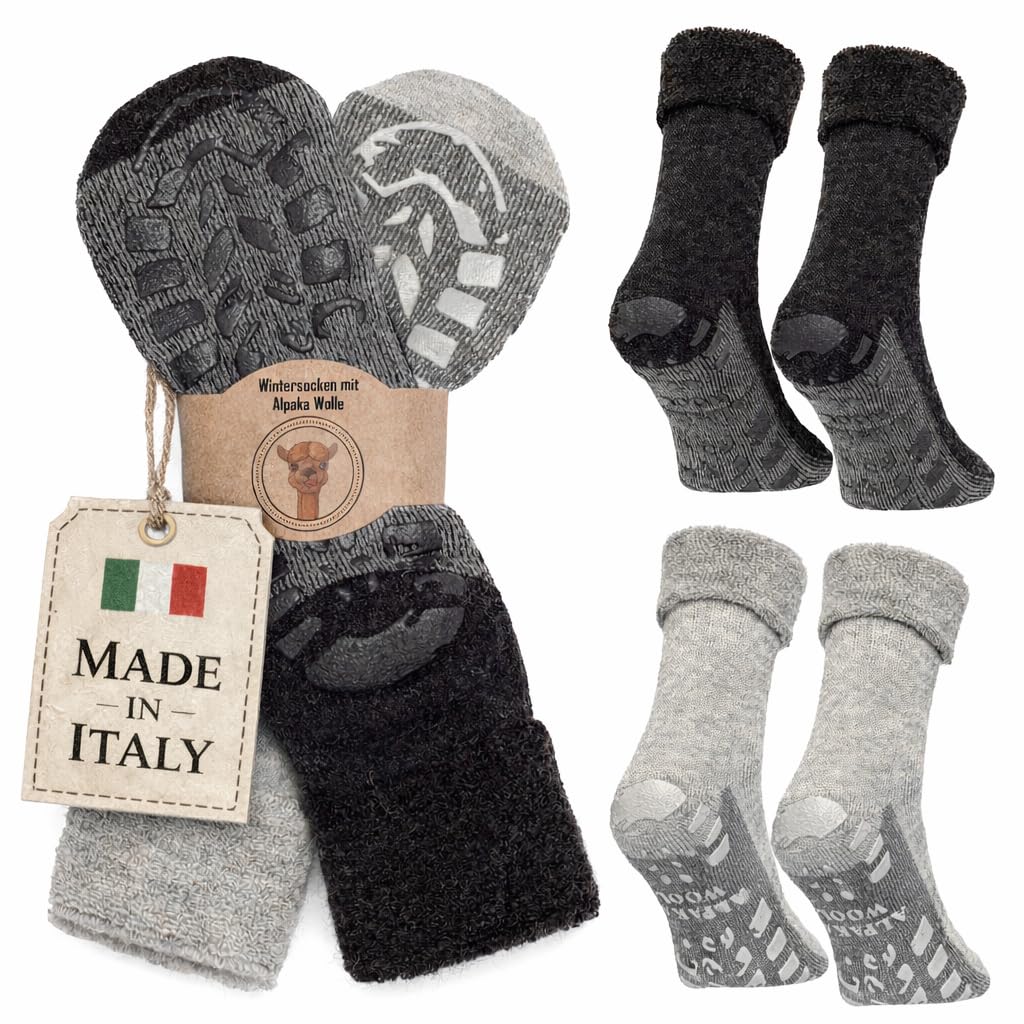 MOUNTREX Stoppersocken Alpaka Socken, Anti Rutsch Wollsocken Damen Herren, Wintersocken - Warme ABS Haussocken, Dicke Antirutschsocken - 2 Paar
