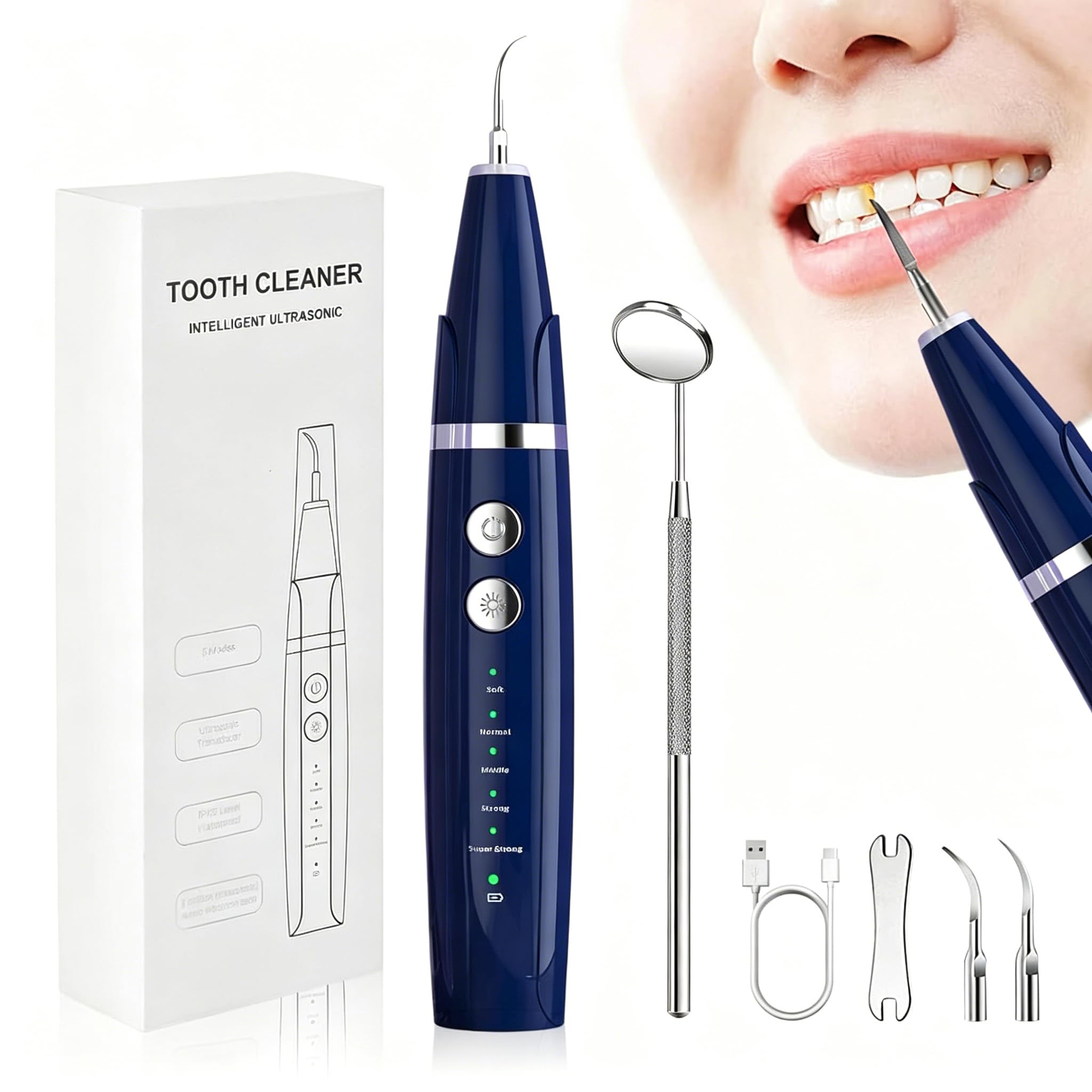 hannea® electric plaque remover kit with 5 adjustable modes, led dental light & oral mirror cordless tartar and stain removal dental scaler tool set with replaceable tips for teeth cleaning
