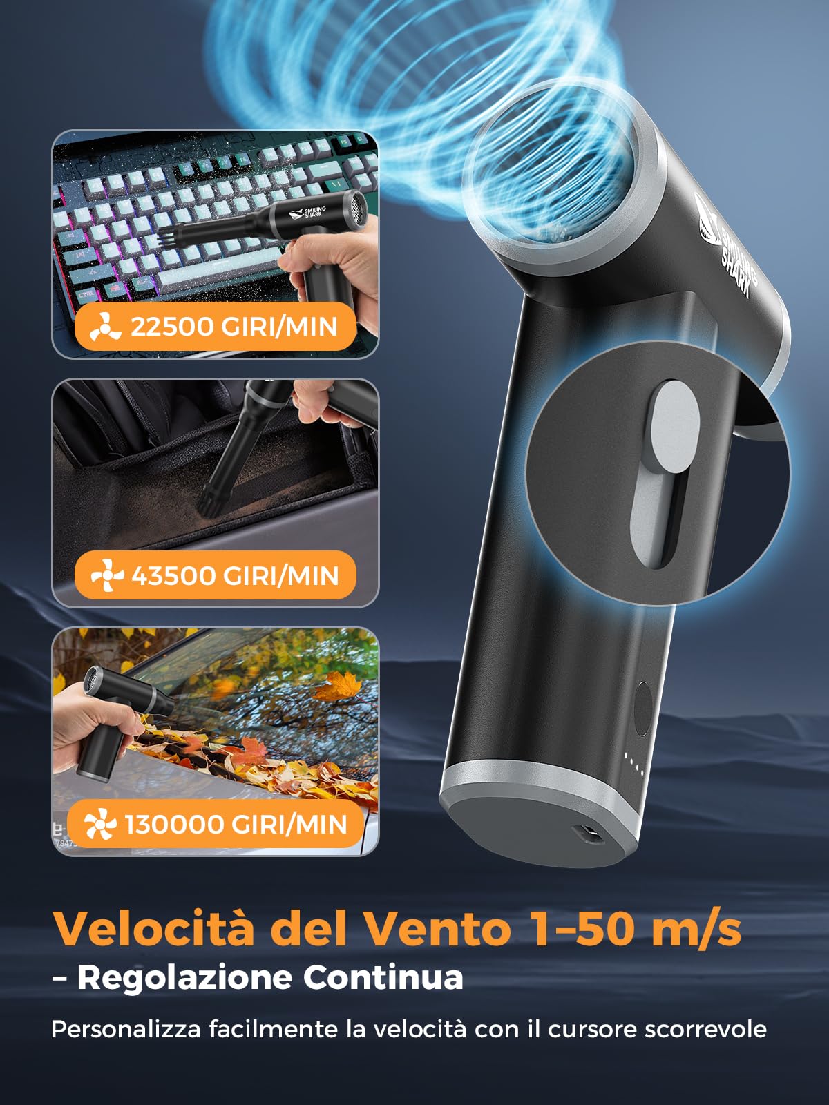 Smiling Shark Elettrico Rimuovi Polvere Aria Compressa, J01 Motore Senza Spazzole in Alluminio 130000Giri/Min Soffiatore Aria Compressa con Velocità Libera Senza Fili per PC/Auto/Camping, Nero