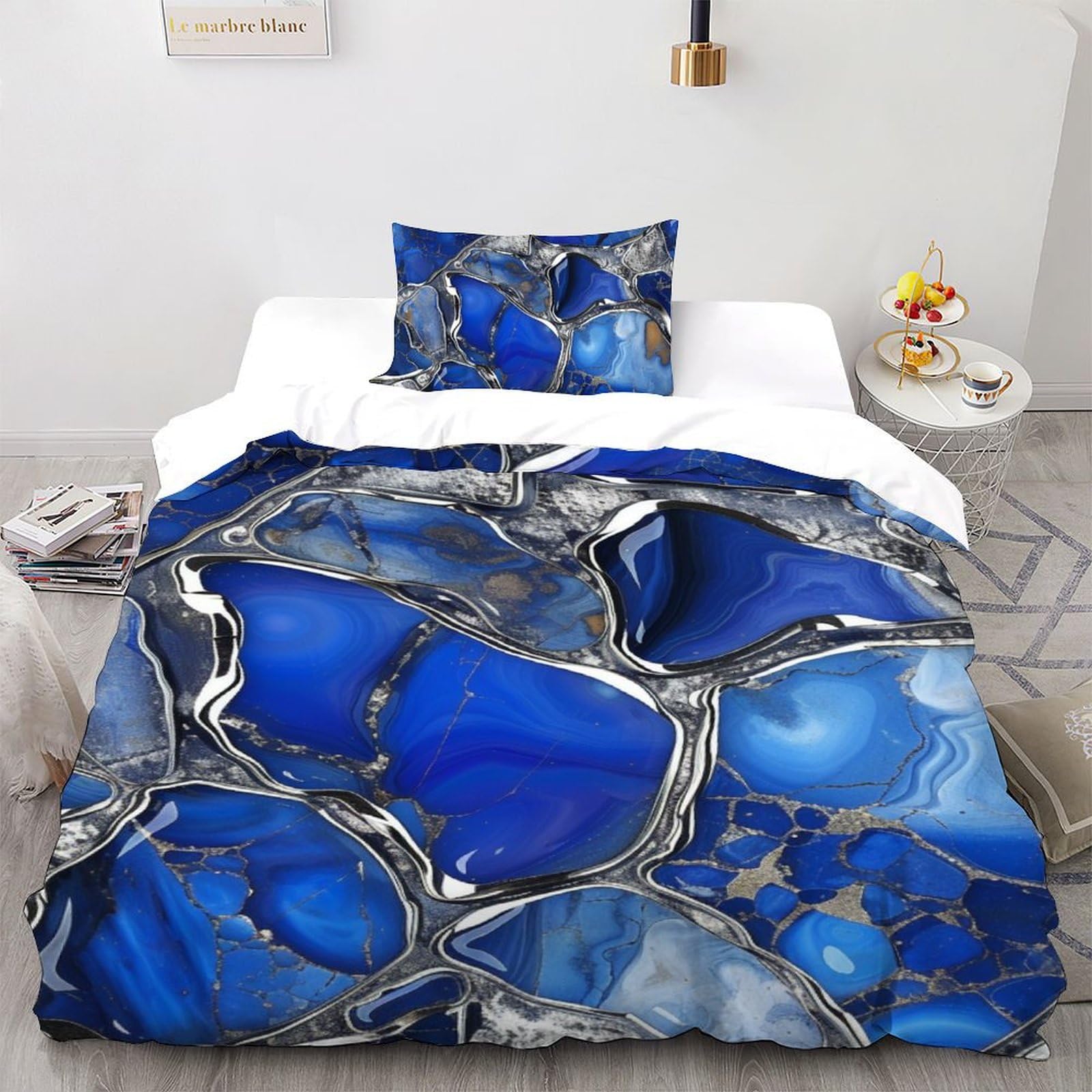 Housse de couette marbre 2 pièces bleu argent 135x200 avec fermeture éclair