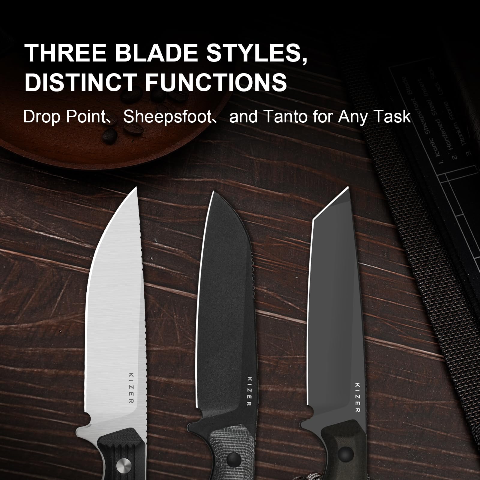 Kizer Begleiter Fix Cuchillo de Hoja Fija, Hoja AEB-L de 3,78" con Punta Descendente, Funda Kydex, Mango G10 Negro, Cuchillo EDC para Camping, Caza y Supervivencia 1045MD2