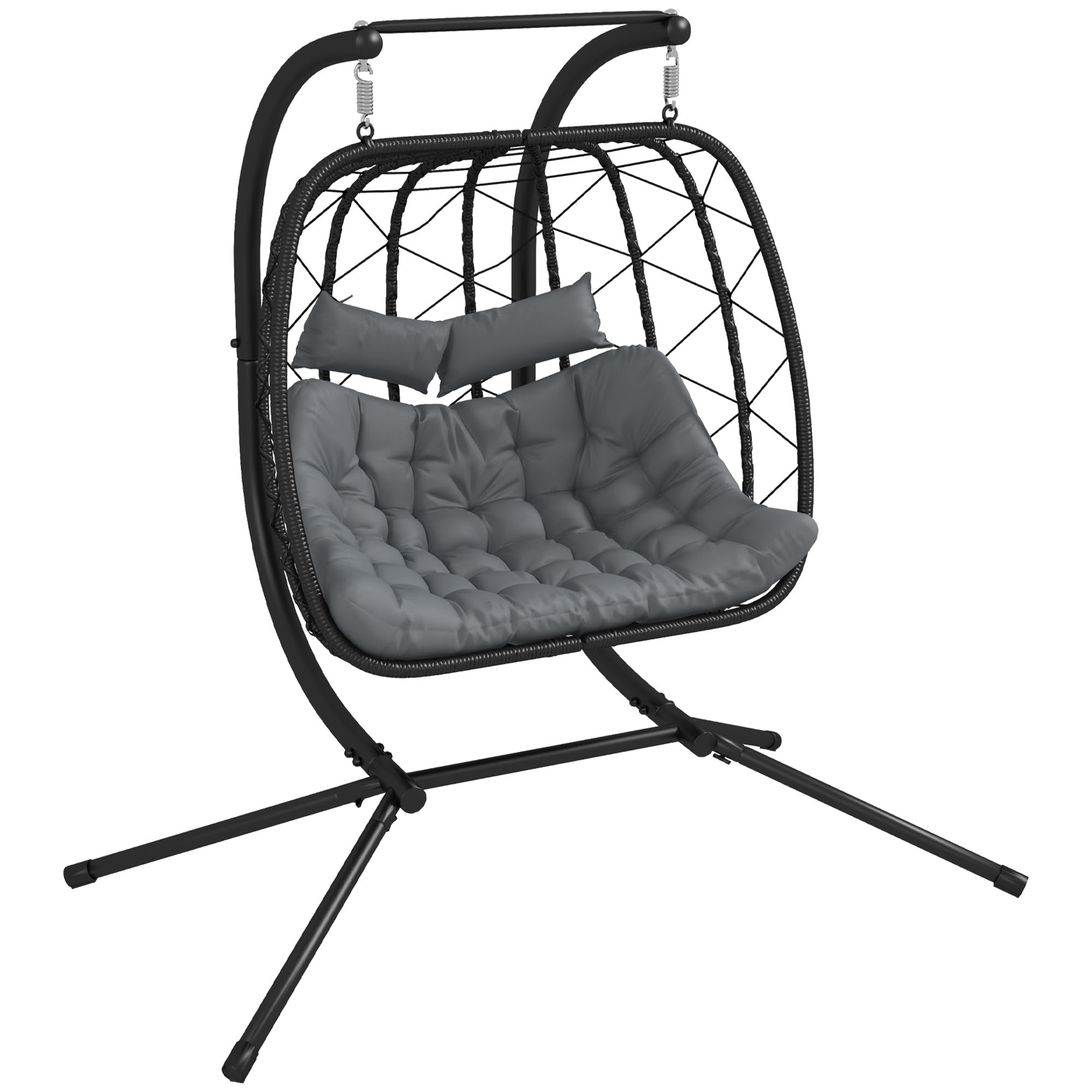 Outsunny Outdoor PE Rattan 2 Seaters Swing Chair with Thick Padded Cushion, Patio Hanging Egg Chair with Metal Stand, Headrest, for Indoor and Outdoor, Black