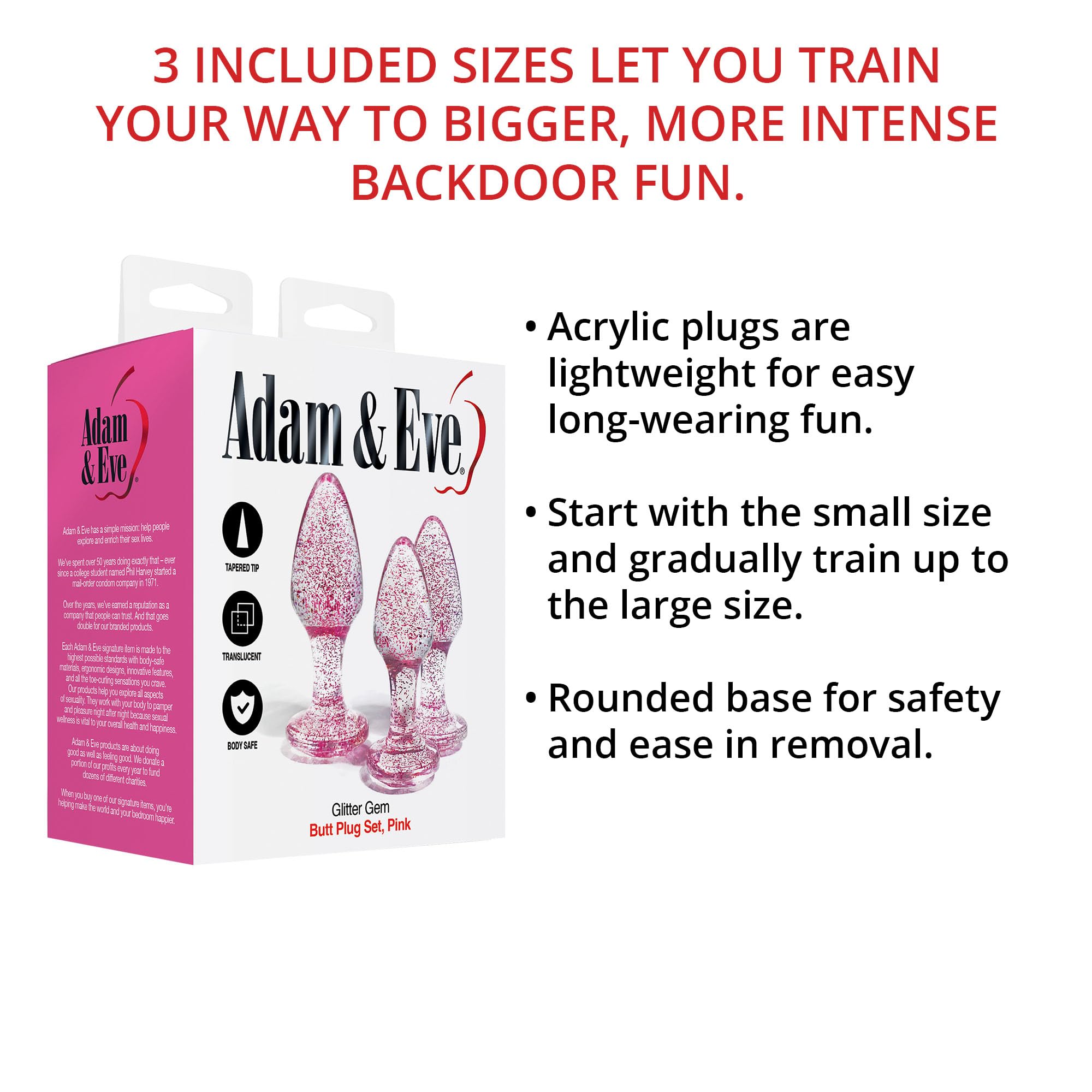 Adam & Eve Glitter Gem Butt Plug Set, 3 Piece Acrylic Anal Trainer Kit, Small Medium Large Plugs for Beginners & Advanced, Lightweight with Sparkling Gem Base, Body Safe, Waterproof, Easy Clean, Pink