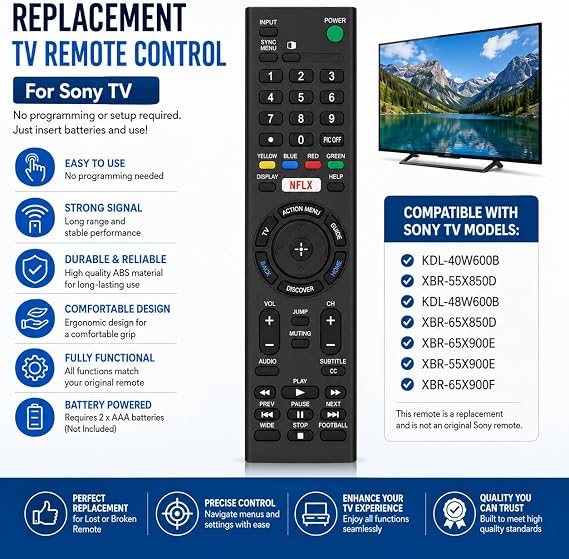 Replacement TV Remote Control for Sony KDL-40W600B XBR-55X850D KDL-48W600B XBR-65X850D XBR-65X900E XBR-55X900EXBR-65X900F TV Model Numbers