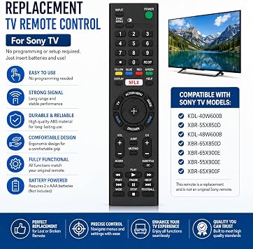 Replacement TV Remote Control for Sony KDL-40W600B XBR-55X850D KDL-48W600B XBR-65X850D XBR-65X900E XBR-55X900EXBR-65X900F TV Model Numbers