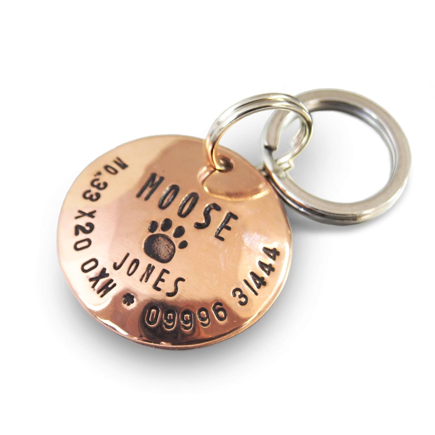 Pet Dog Name Tag with paw print. Personalised, domed copper disc. ID
