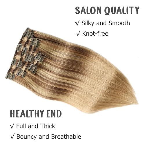 Miniatura 3 de VINBAO Extensiones de cabello humano con clip, balayage de color marrón ceniza a rubio caramelo, 14 pulgadas, 6 unidades, 3.53 oz, extensiones de