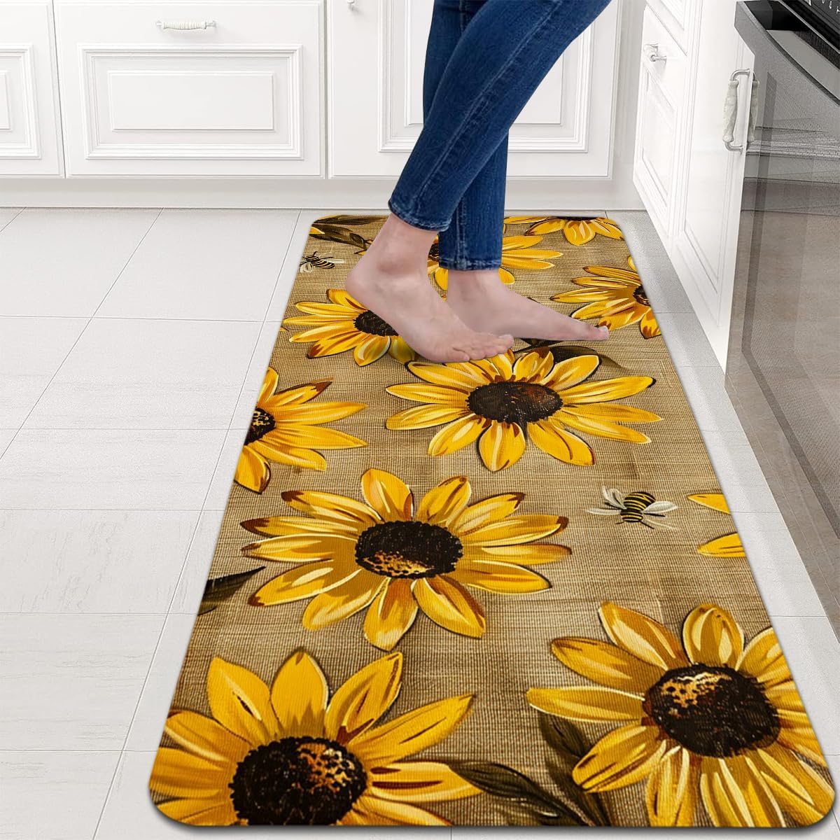 Sunflower Kitchen Rugs Set of 2 - Farmhouse Country Washable Non-Slip Linen Floor Mats(17.7''x29.5''+17.7''x47'') - Kitchen Mats for Home Office Bedroom Bathroom Laundry