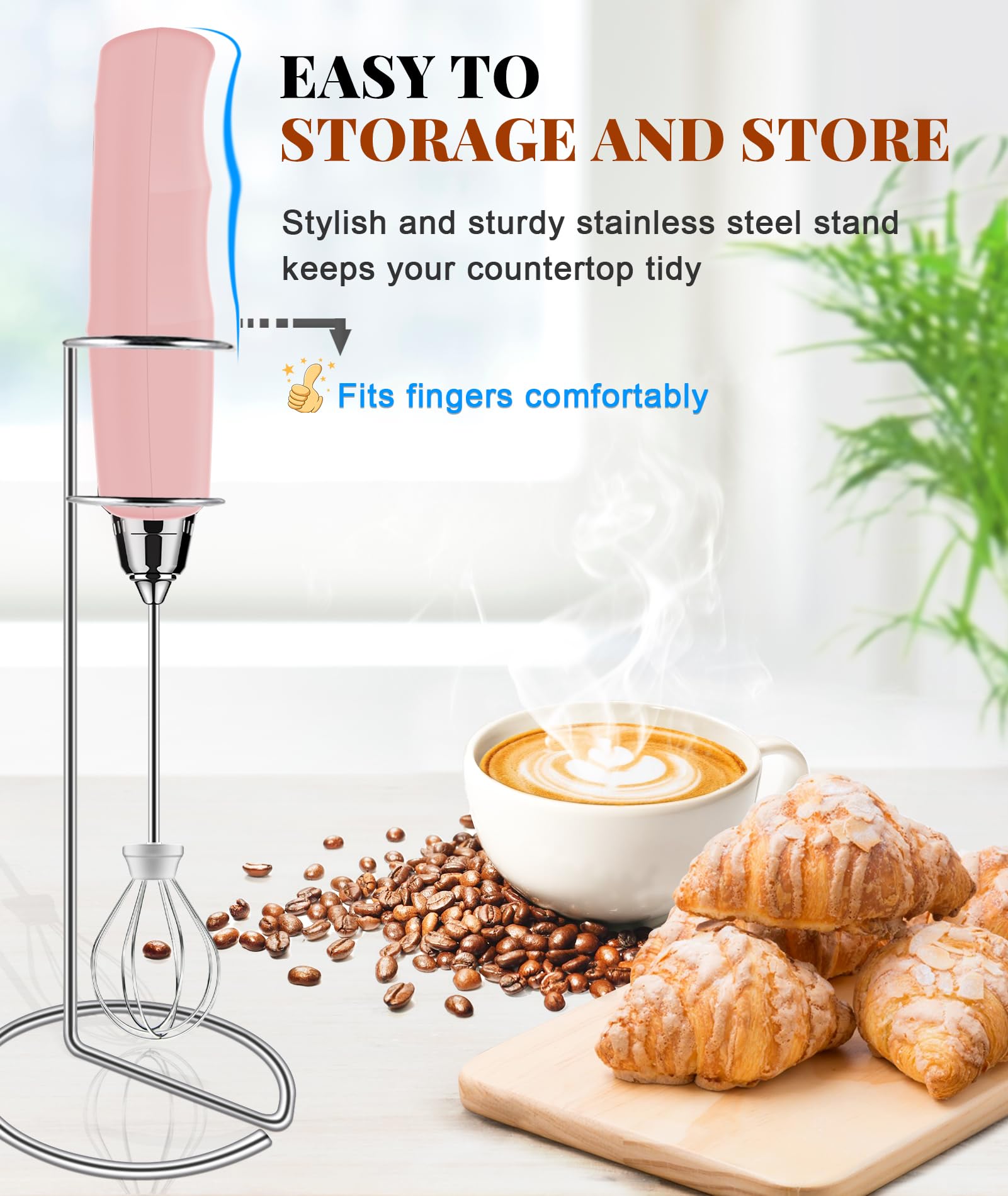 YUSWKO Montalatte portatile per caffè con supporto, miscelatore per bevande ricaricabile con 3 teste, 3 velocità, frusta elettrica per caffè, regalo per molte occasioni e festival