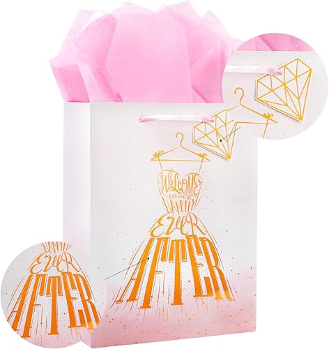 Miniatura 7 de Loveinside Bolsa de regalo de boda con papel de seda, etiqueta de regalo y tarjeta de felicitación, 10 x 5 x 13 pulgadas, diseño de vestido de novia