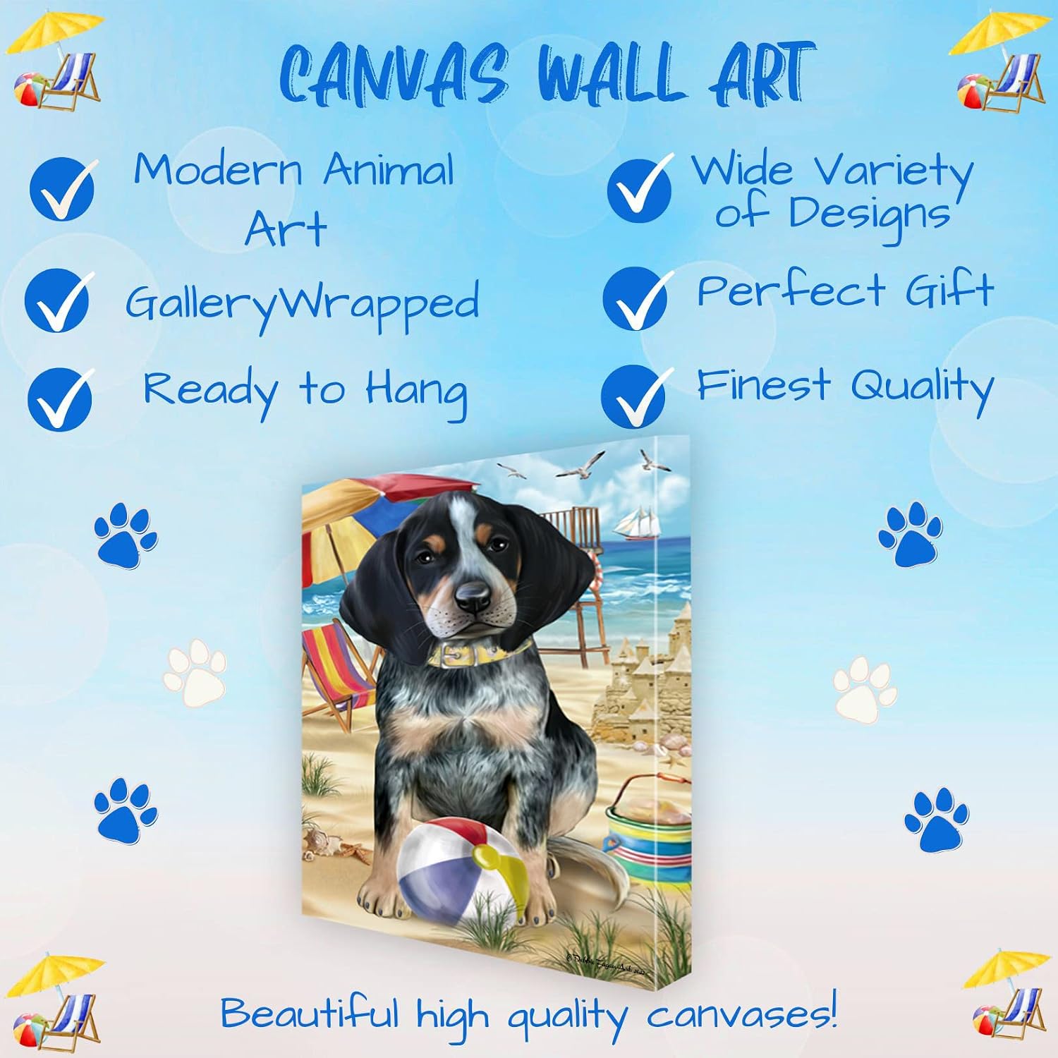 Pet Beach with Bluetick Coonhound Dog Canvas Wall Art - Premium Quality Ready to Hang Room Decor - Black Floating Framed 16" x 16"