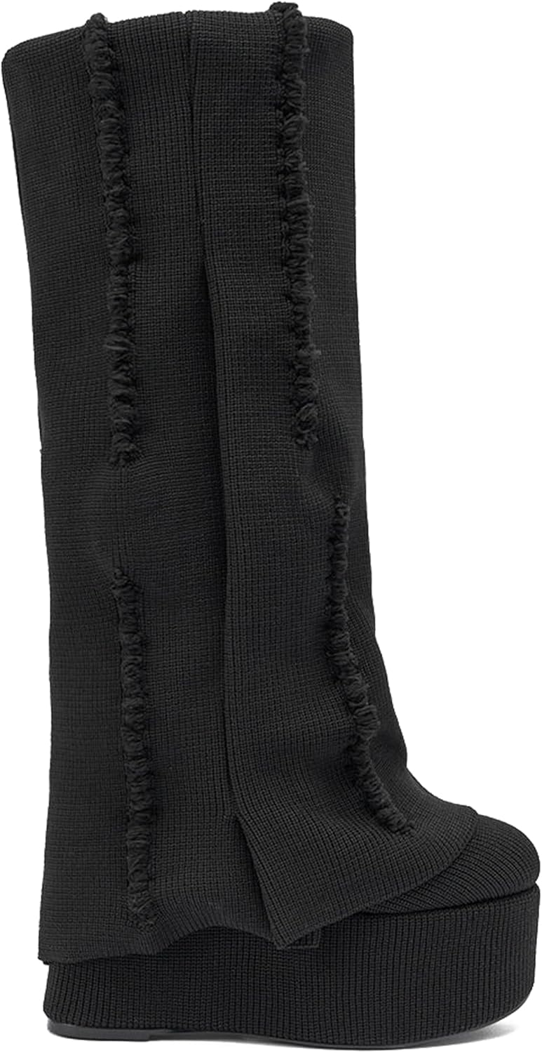 Wedge Knee High Boots for Women Knitting Slouchy Fold Over Platform Boots- Round Toe, Pull on, Fall, Dressy, Evening, Date