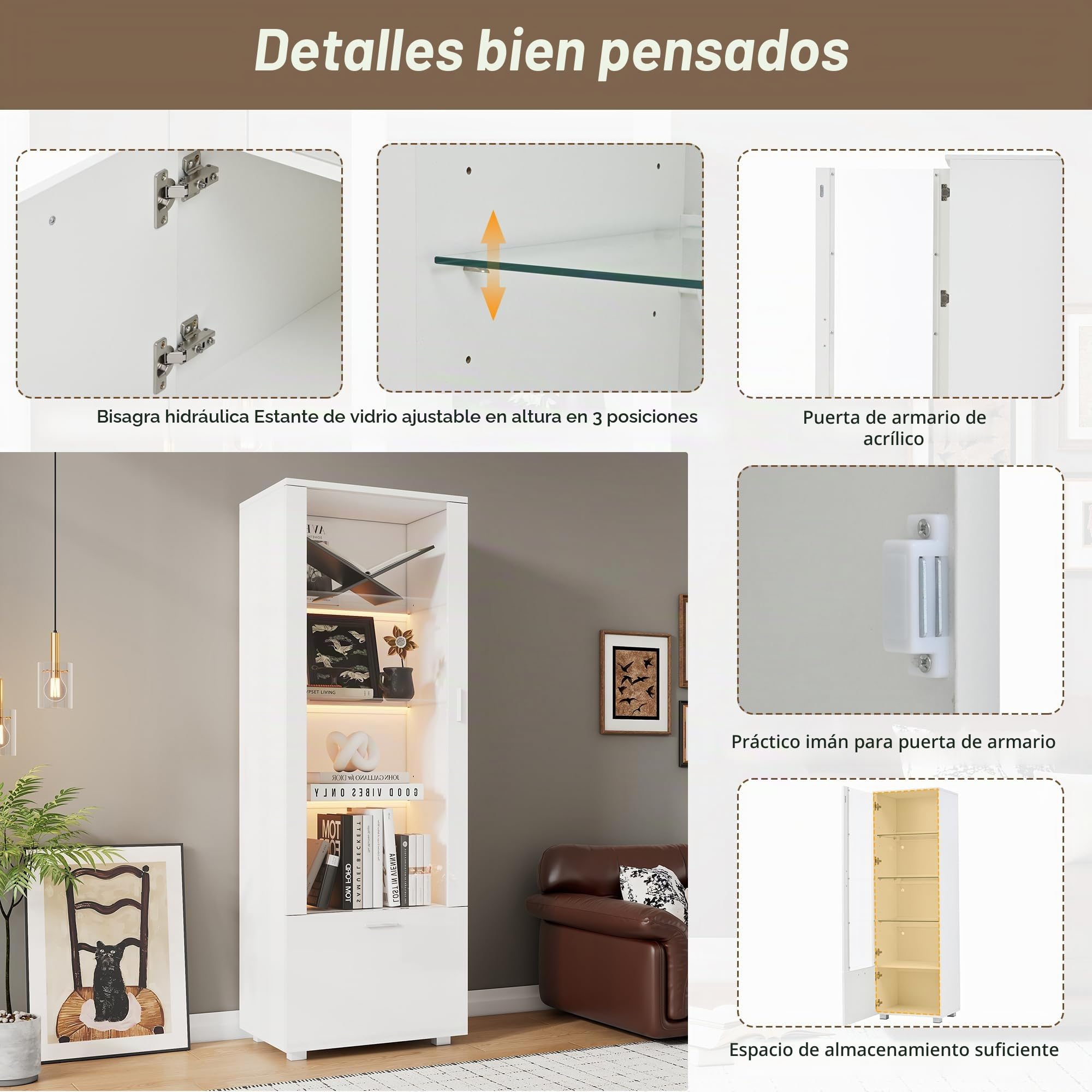 50 x 40 x 160 cm, vitrinas blancas brillantes con puerta acrílica, vitrina acrílica iluminada con LED, vitrinas para coleccionables, perfumerías, estanterías y vitrina acrílica con puertas