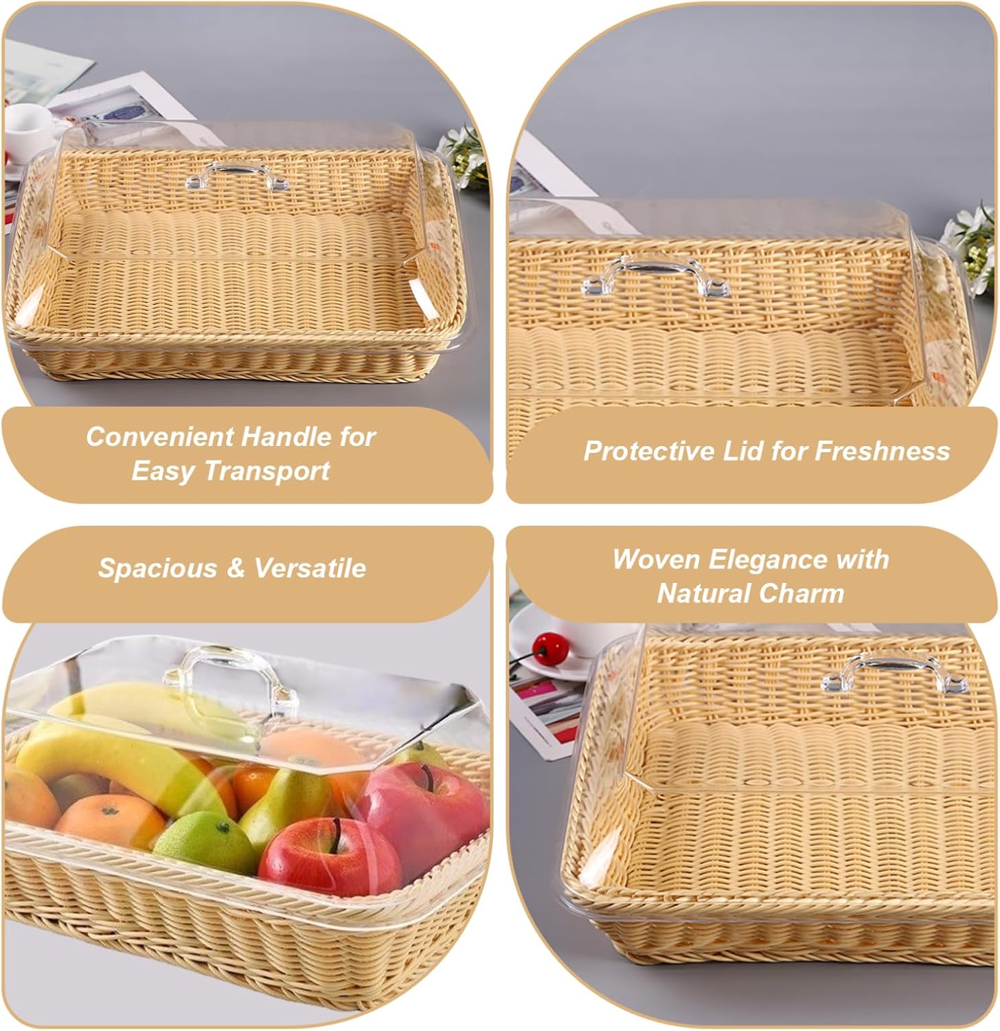 Bread Baskets for Serving, 16x12x6inch Wicker Woven Food Baskets with Dustproof Lid, Tabletop Food Organizer Containers for Fruits, Vegetables and Snacks (Style 2)