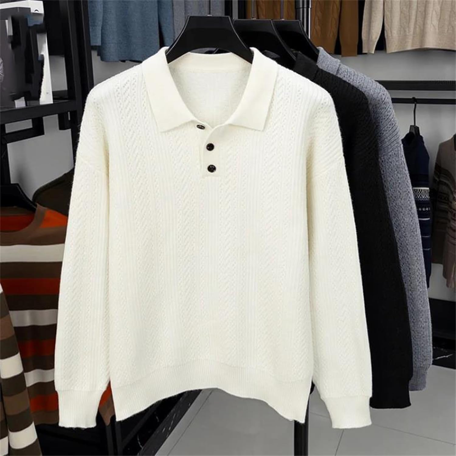 Men's Textured Knit Polo Sweaters Long Sleeve Pullover Turndown Collar Anti Pilling Fabric for Business Casual Wear