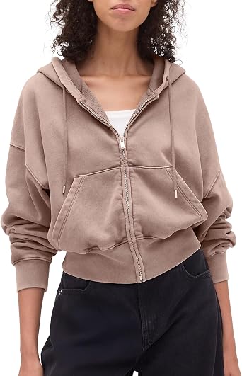 Hixiaohe Casual Fleece Crop Hoodies for Women Drawstring Hooded Zip Up Long Sleeve Sweatshirt Jacket Fall Lounge Outfits Top