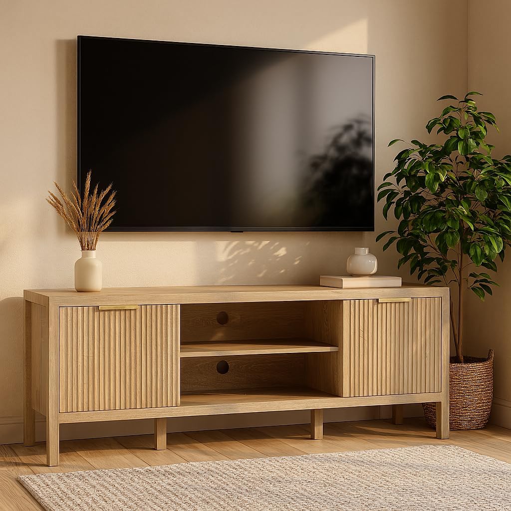 Oak TV Stand for TVs up to 65 Inch,Farmhouse TV Stands for Living Room & Bedroom,Mid Century Modern TV Console,Entertainment Center with Storage,Media Entertainment Stand,TV Cabinet for 45,55,60,65 T1