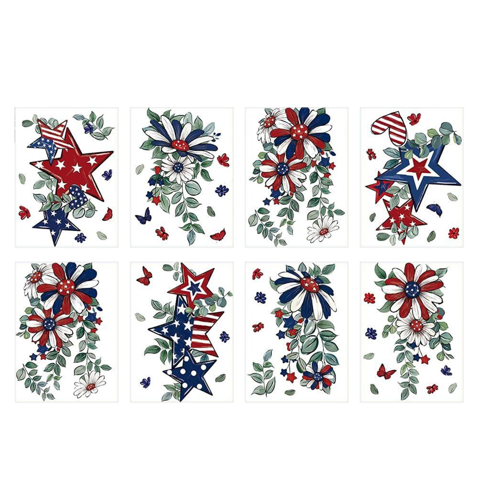 Tsophreniq 8PCS Independence Celebration PVC Stickers Festive Shapes Floral Butterflies Home Space Car Window Decor Easy Skin Window Stickers