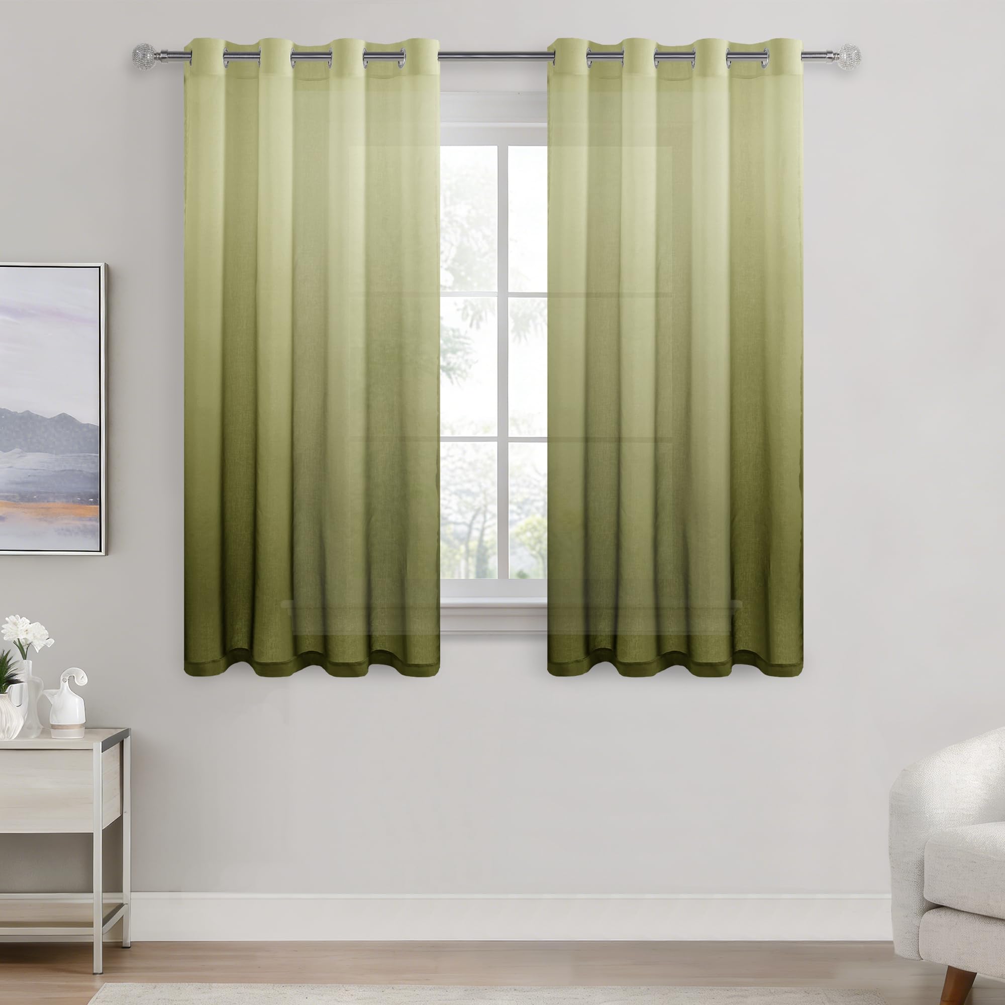 DWCN Eyelet Net Voile Curtains 54 Drop Olive Green Gradient Decorative Sheer Curtains for Bedroom Set of 2, 55 x 54 Inches — image 1