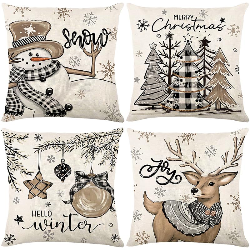 Housse coussin 60x60 cm blanc marron en coton et lin lavable pour canapé