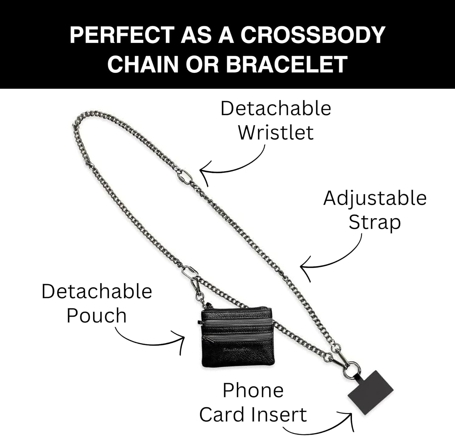 Save the Girls Clip and Go Phone Metal Chain with Pouch (Gun Metal - Black Pouch) – Stylish Phone Lanyard Crossbody with Wallet for Women, Hands-Free Carrying and Adjustable Crossbody Chain Strap - Image 3