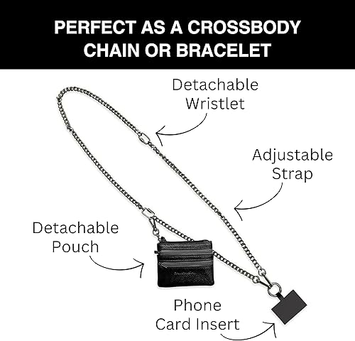 Miniatura 3 de Save the Girls Clip and Go - Cadena de metal para teléfono con bolsa (Gun Metal - Bolsa Negra)  Elegante cordón crossbody para teléfono con