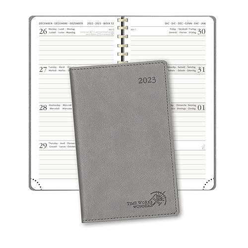 POPRUN Pocket Diary 2023 Slim Week to View 16.5 x 9 cm - Small Weekly Planner A6 Runs Dec'22 - Dec'23 with Dotted Note Pages, Vegan Leather Soft Cover, Grey