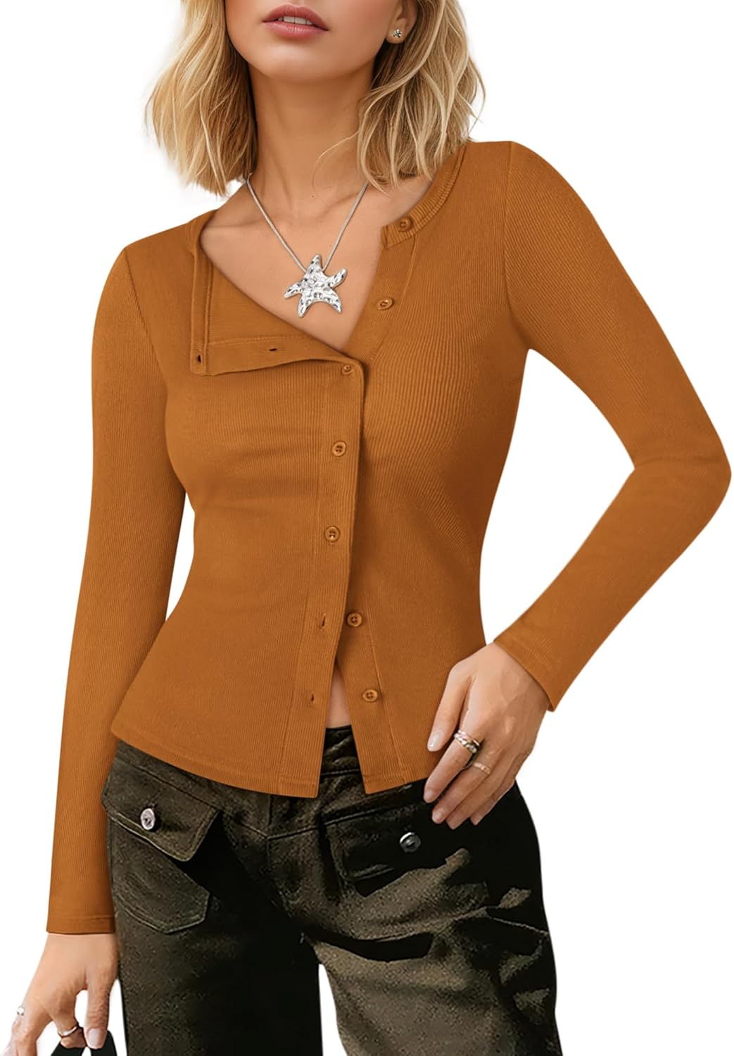 Cardigan Sweaters for Women 2026 Asymmetrical Button Up Long Sleeve Shirts Ribbed Crop Tops Spring Fashion Outfits