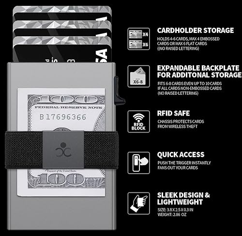 Miniatura 9 de Cartera delgada de aluminio para hombre, placa trasera expandible duradera, bloqueo RFID, billetera desplegable de metal minimalista, con capacidad