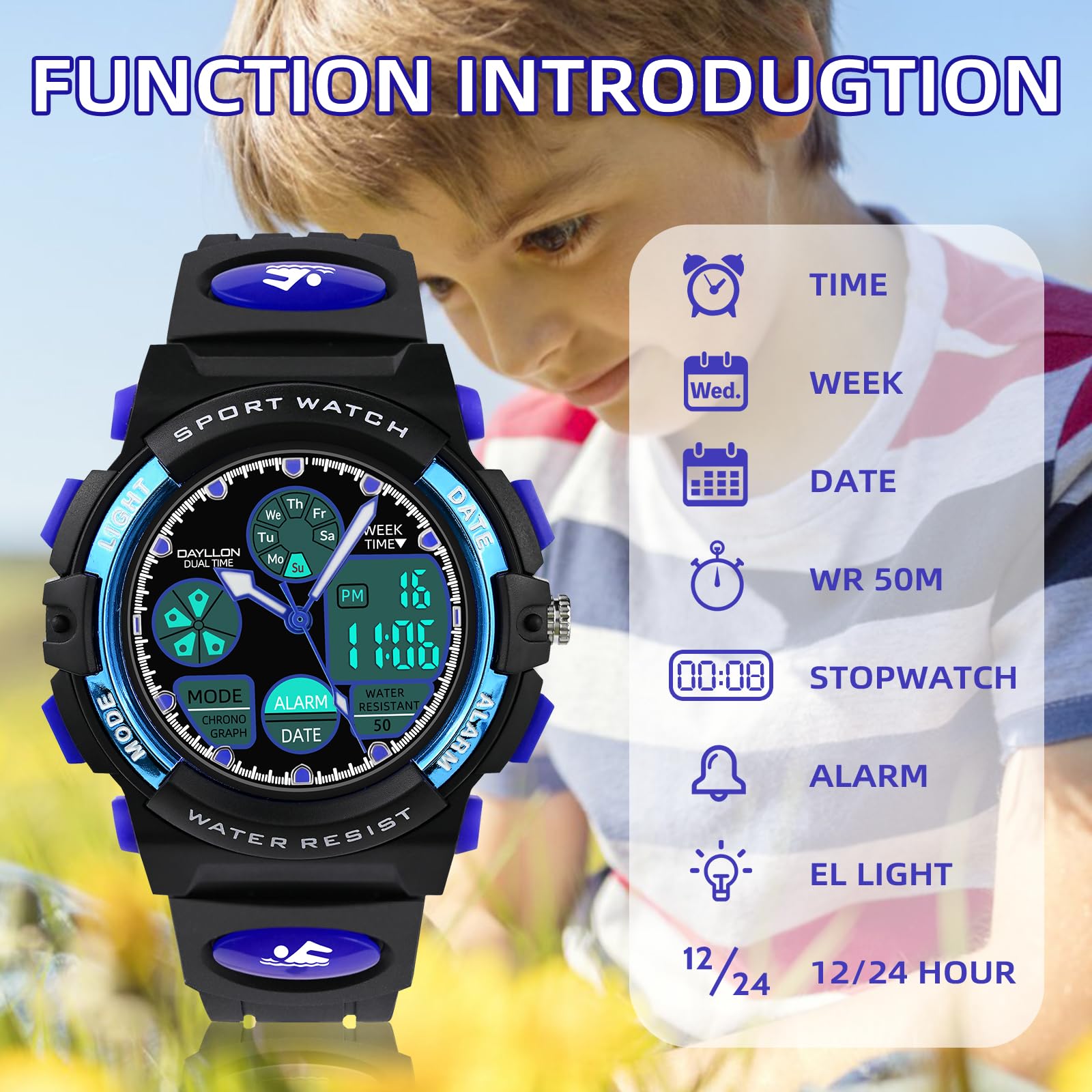 Dayllon Orologi per bambini, ragazzi età 5-15, orologio analogico digitale per bambini, blu, Blu