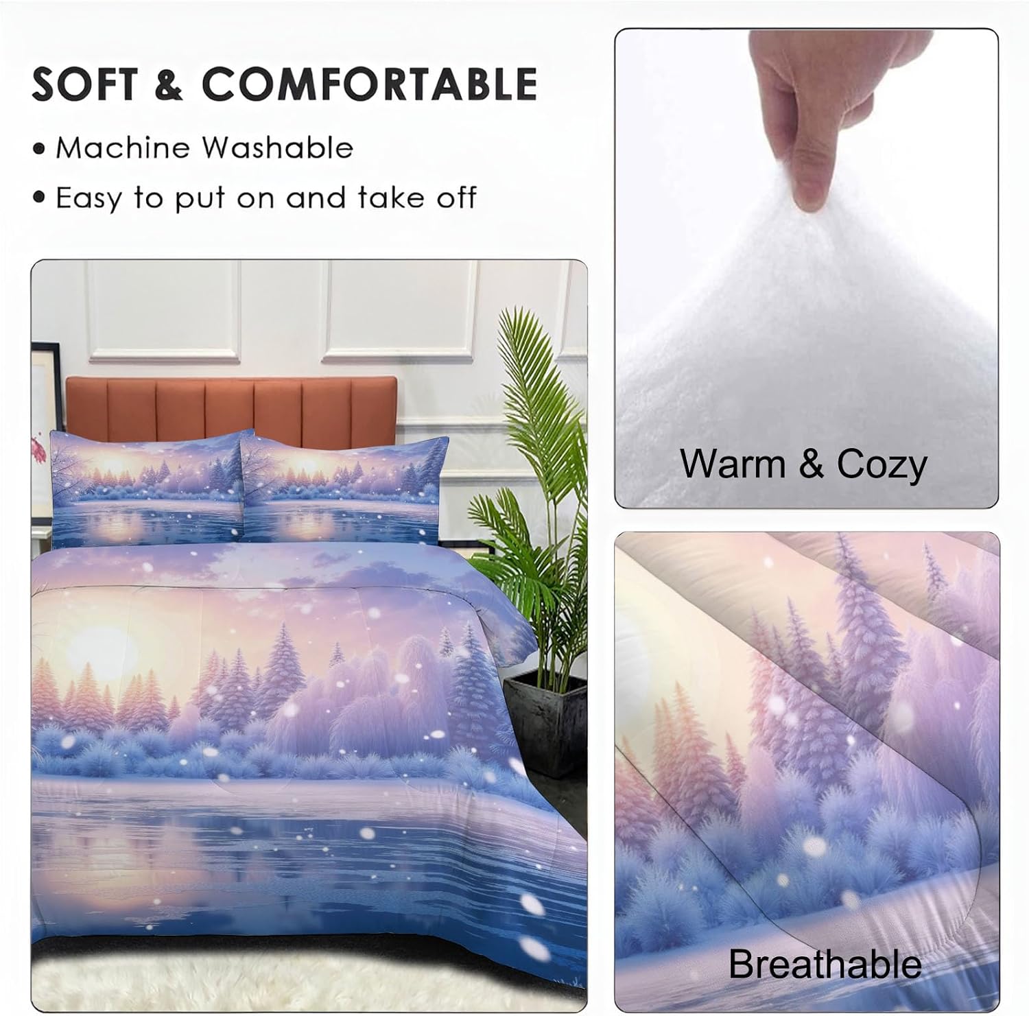 Winter Scenery Comforter Set King Size, Enchanting Lakes and Forests Bedding Set for Girls Boys, Pinkish-Purple Quilt Bed 104"X90" Bedding Comforter Sets with 2 Pillowcase Room Decor