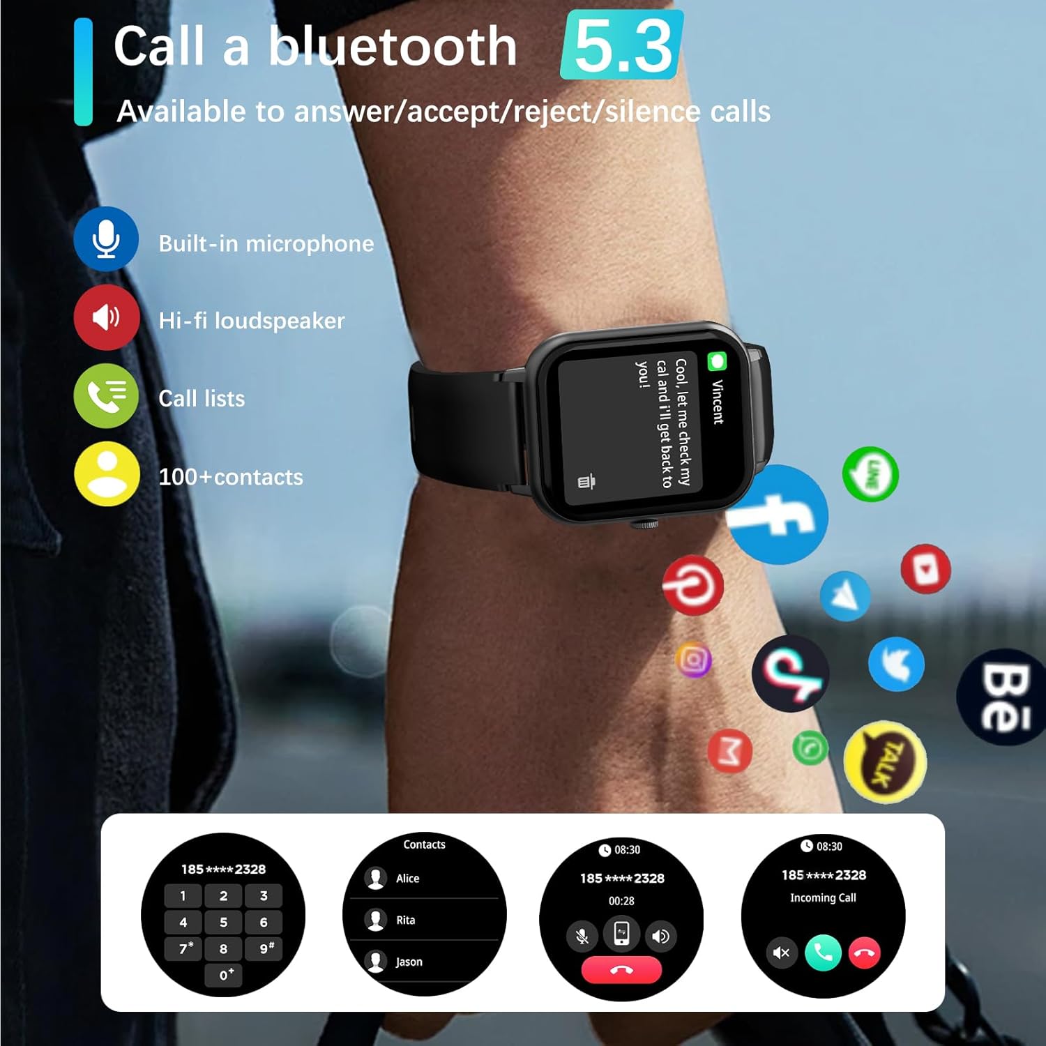 PEJE Smart Watch on a wrist, showing an incoming call notification and various app icons around it.