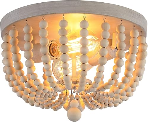 Miniatura 2 de Q&S Boho Chandelier Wood Beaded Flush Mount Ceiling Light Fixtures for Nursery Baby Bedroom Kitchen Hallway,Oak White Finish,2-Lights