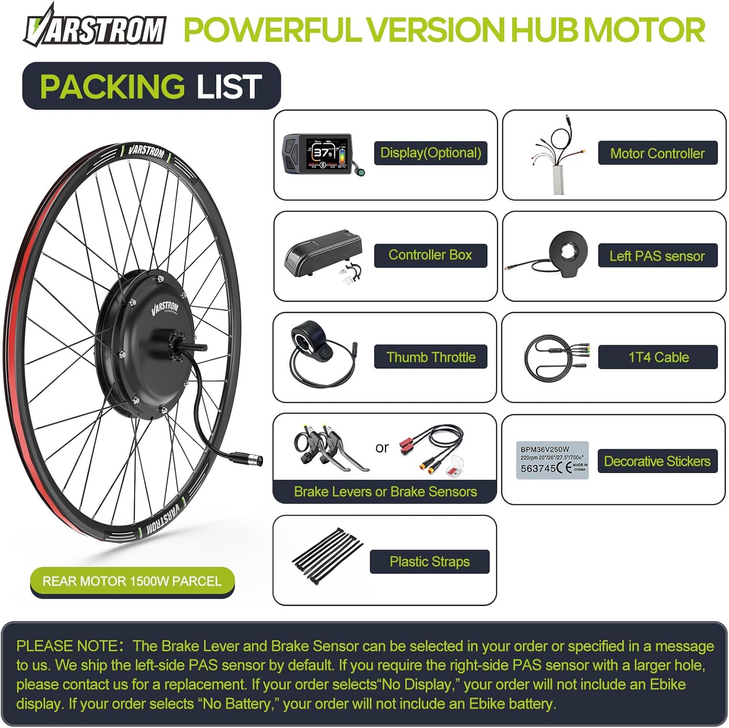 Diagram showing all components included in the Varstrom E-Bike Conversion Kit packing list.