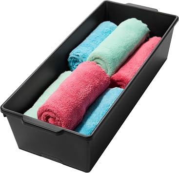 madesmart Classic Large Deep Storage Bin, Granite | non slip feet, rounded corners, soft grip handles, deep walls, easy carry, pantry bath supplies, cabinet use, woman owned