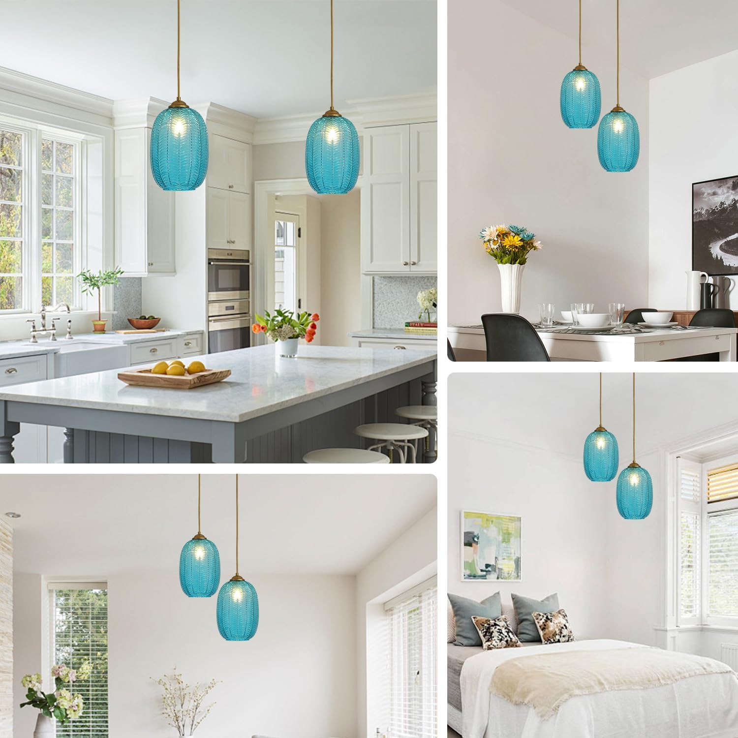Mid Century Blue Glass Hanging Light Fixture Antique Brass 1 Light Indoor Kitchen Island Pendant Light Over Sink Brushed Gold Single Pendant Lighting for Bedroom Bathroom Dining Room MPL36B-B