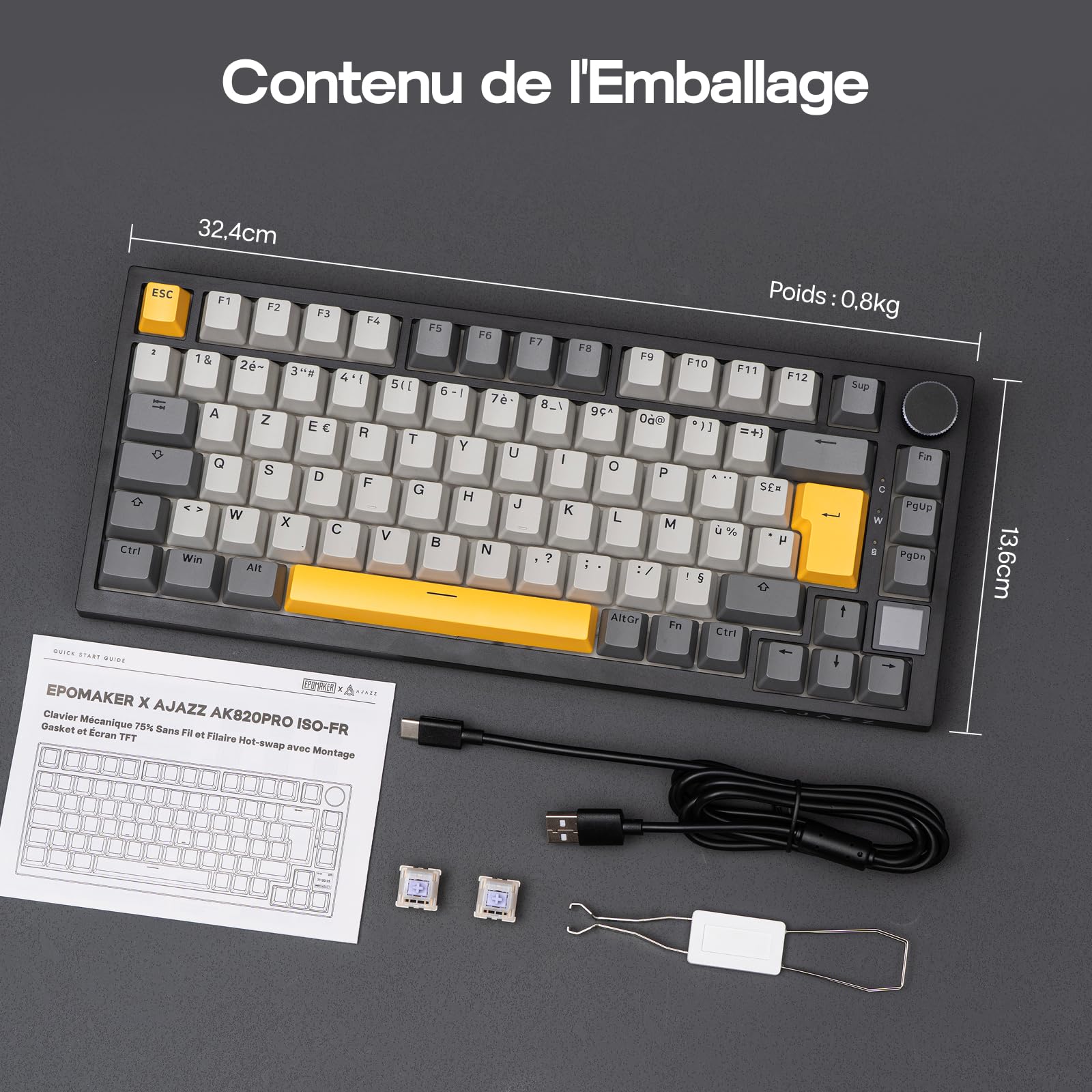 EPOMAKER Ajazz AK820 Pro ISO-FR Clavier Mécanique sans Fil AZERTY, Écran & Bouton Rotatif, 2.4G/BT/USB, Rétroéclairage RVB, Gasket Crémeux, Clavier Gaming 75% Disposition Française pour Win/Mac/PC