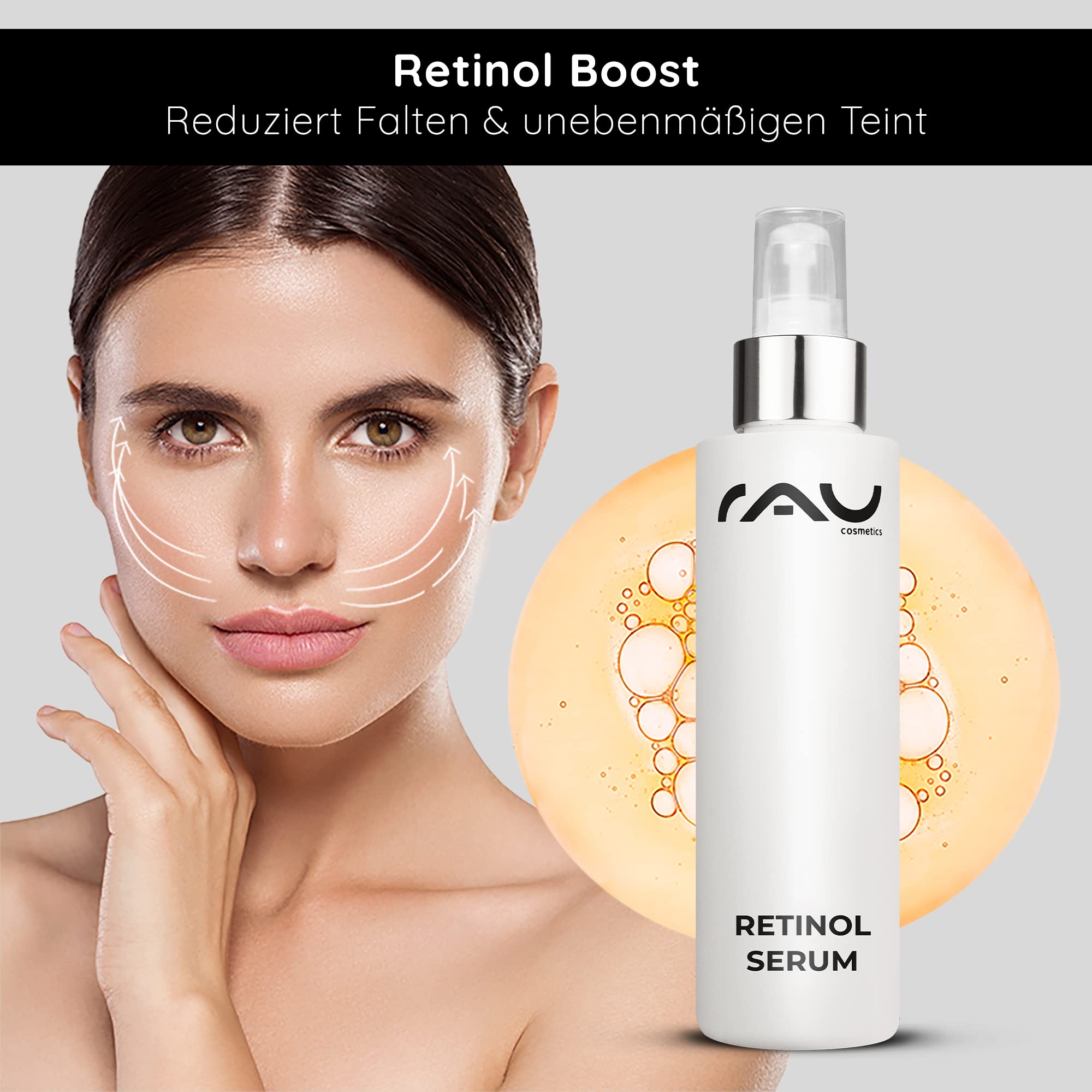 RAU Cosmetics Retinol Serum 100 ml - Anti-Aging Gesichtsserum mit Hyaluronsäure, Vitamin A, Ceramiden & Panthenol - Regenerierendes Serum für reife & unreine Haut - Made in Germany