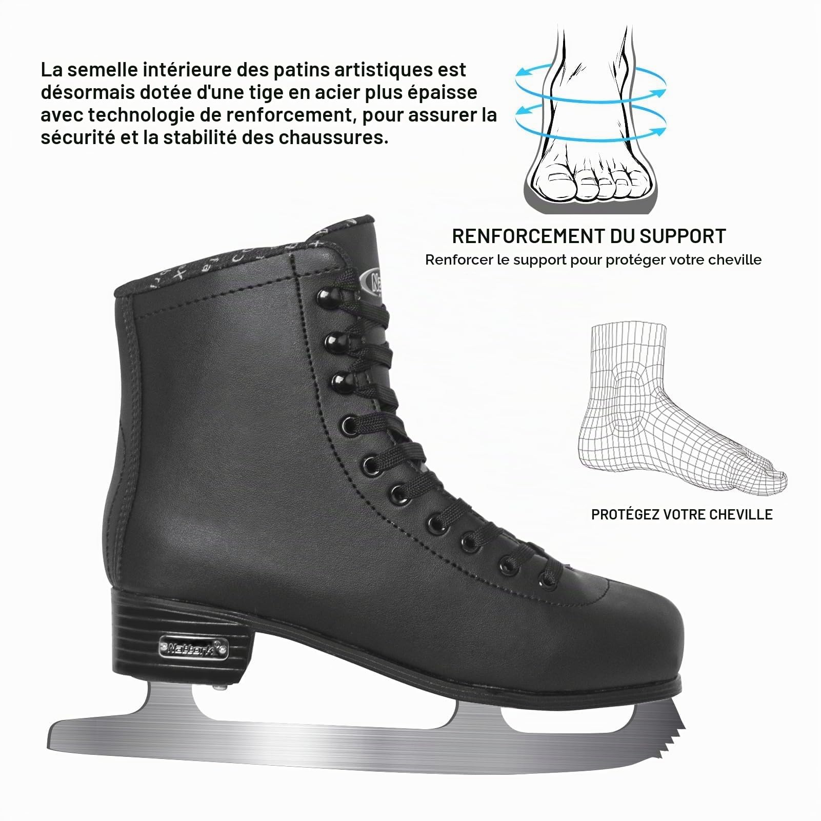 Nattork Patins artistiques Excellence, patins en acier inoxydable pour un soutien, une résistance, des performances et un confort ultime pour les adolescents et les adultes