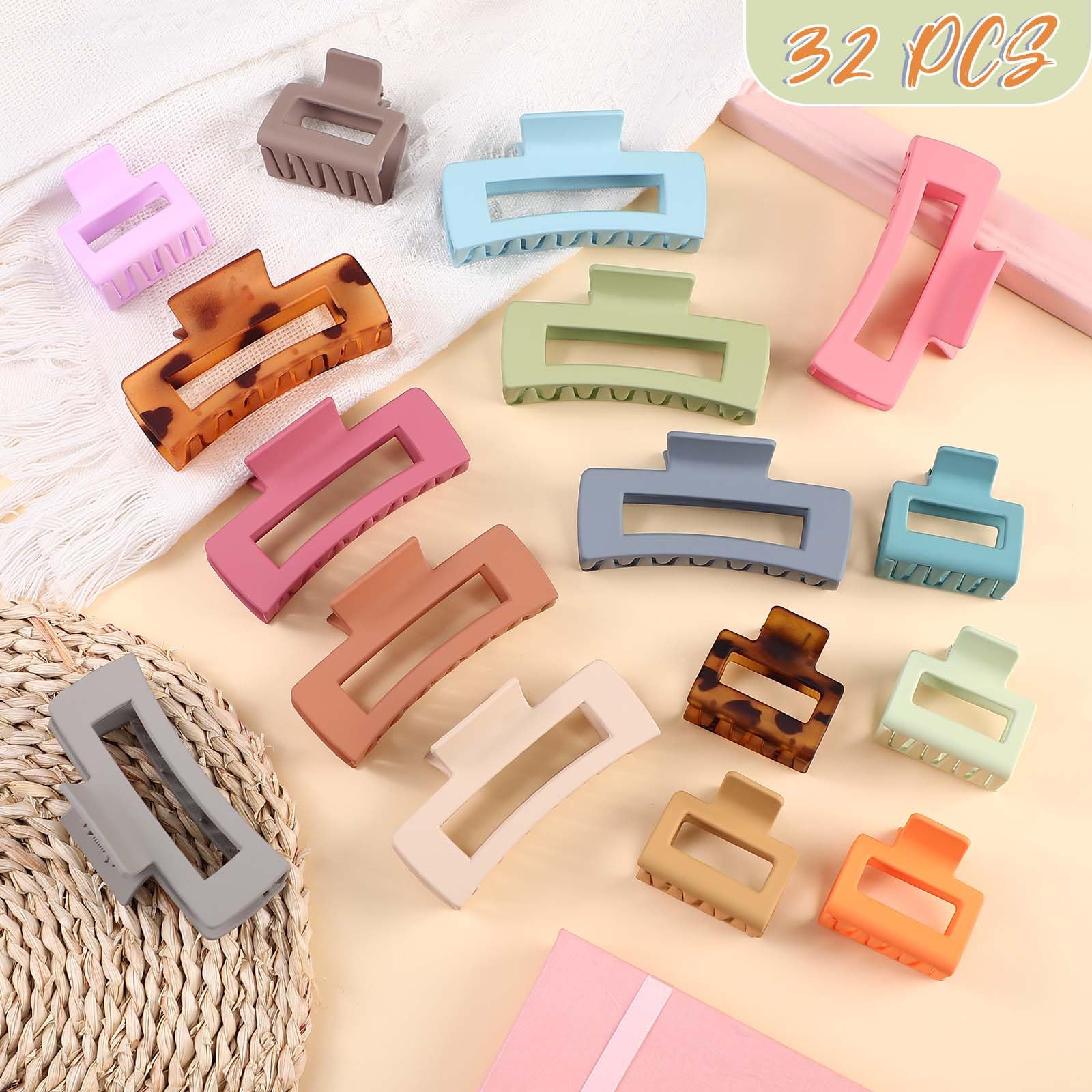 Tigeen 32 pinzas de pelo grandes y medianas de 4.1 pulgadas, elegantes y elegantes para mujeres y niñas, pinzas de agarre fuerte, antideslizantes, pinzas grandes mate brillantes para cabello grueso