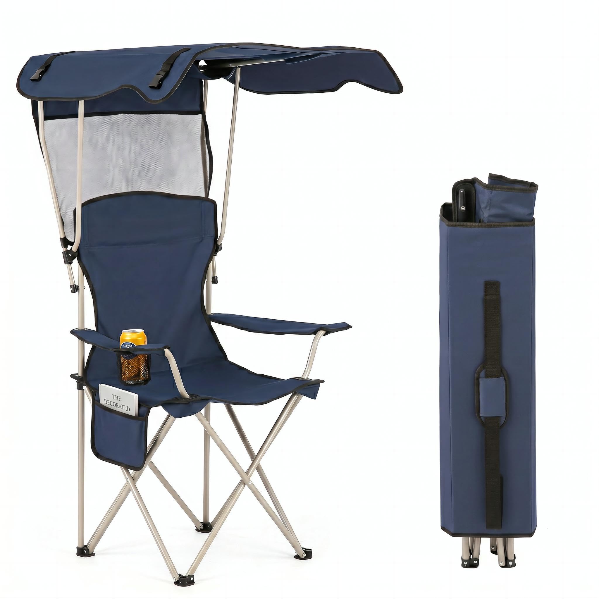 Lishetimig Folding Camping Chair with Canopy and Rear Sunshade, Portable Outdoor Chair with Cup Holder & Side Pocket, Heavy Duty Steel Frame, 330LBS Capacity, for Camping,Fishing,Beach,Sports Events