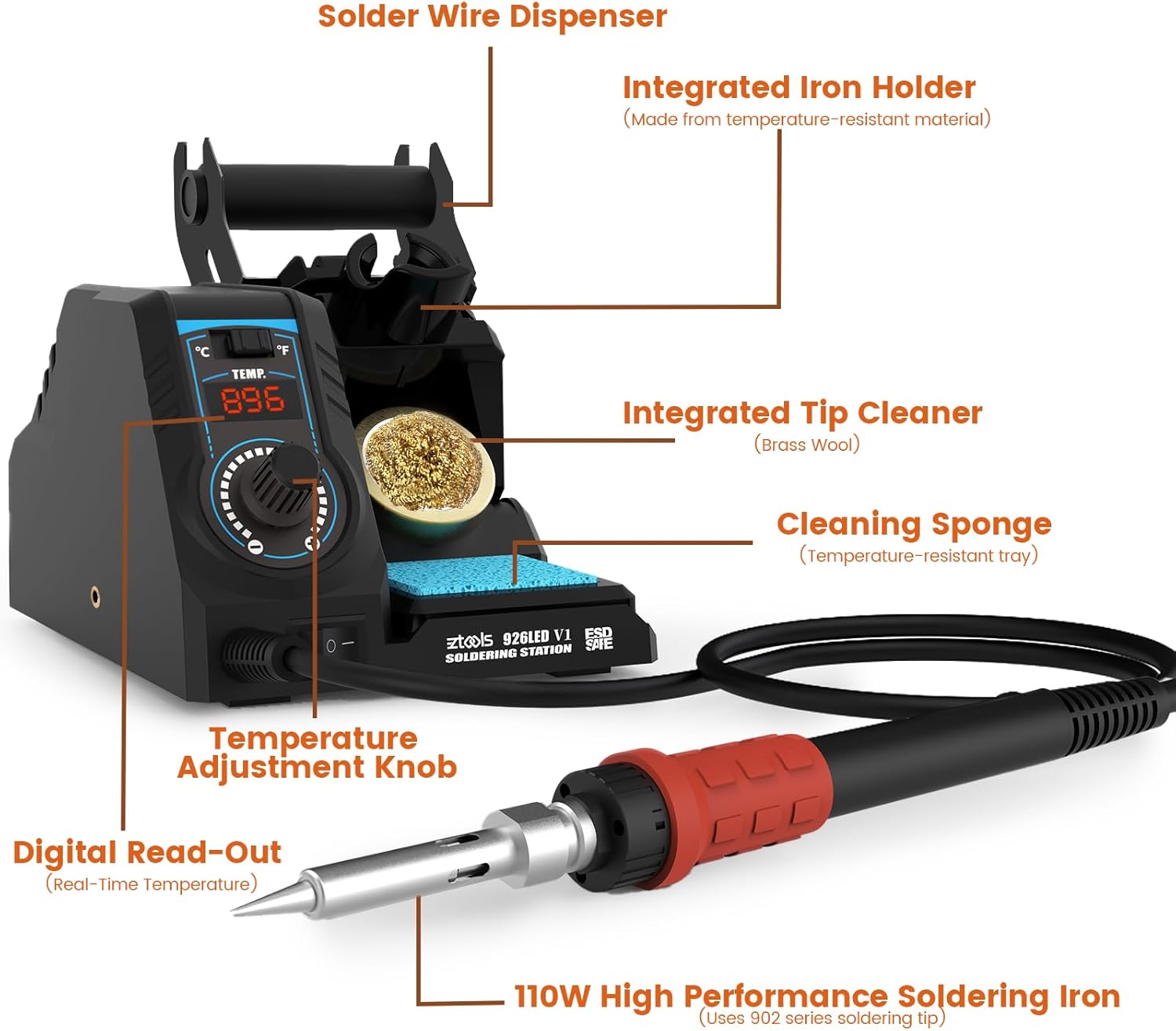 926LED V1 110W High-Power Soldering Station Iron Kit in Black with Temperature Control includes Lead-Free Solder, 6 Soldering Tips, ESD-Safe Tweezers, Solder Wire Dispenser, Tip Cleaner