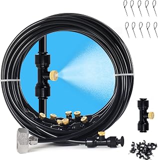 Misting Cooling System, 8m Misting Line, Misters System for Outdoor Patio Garden Greenhouse Pasture with 8 T-Joints + 8 Misting Nozzles+3/4” Brass Adapter and accessory