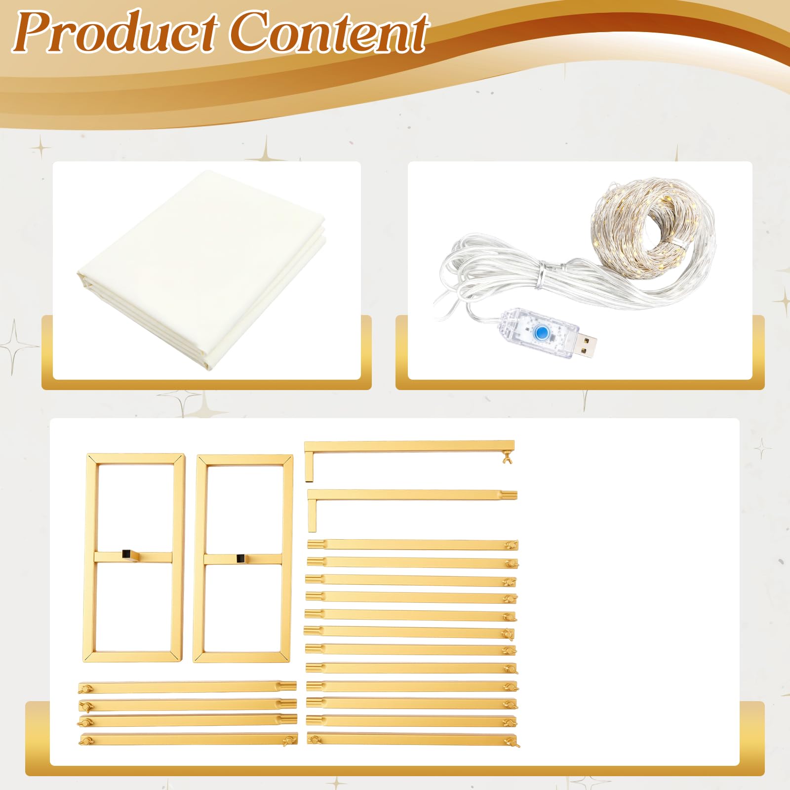 Fumete Soporte de telón de fondo dorado de 8 x 8 pies con cortina y kit de luces LED, cortina de 5 x 10 pies, 2 paneles con bolsillos para barra y cadena de luces ajustables para boda, fiesta de