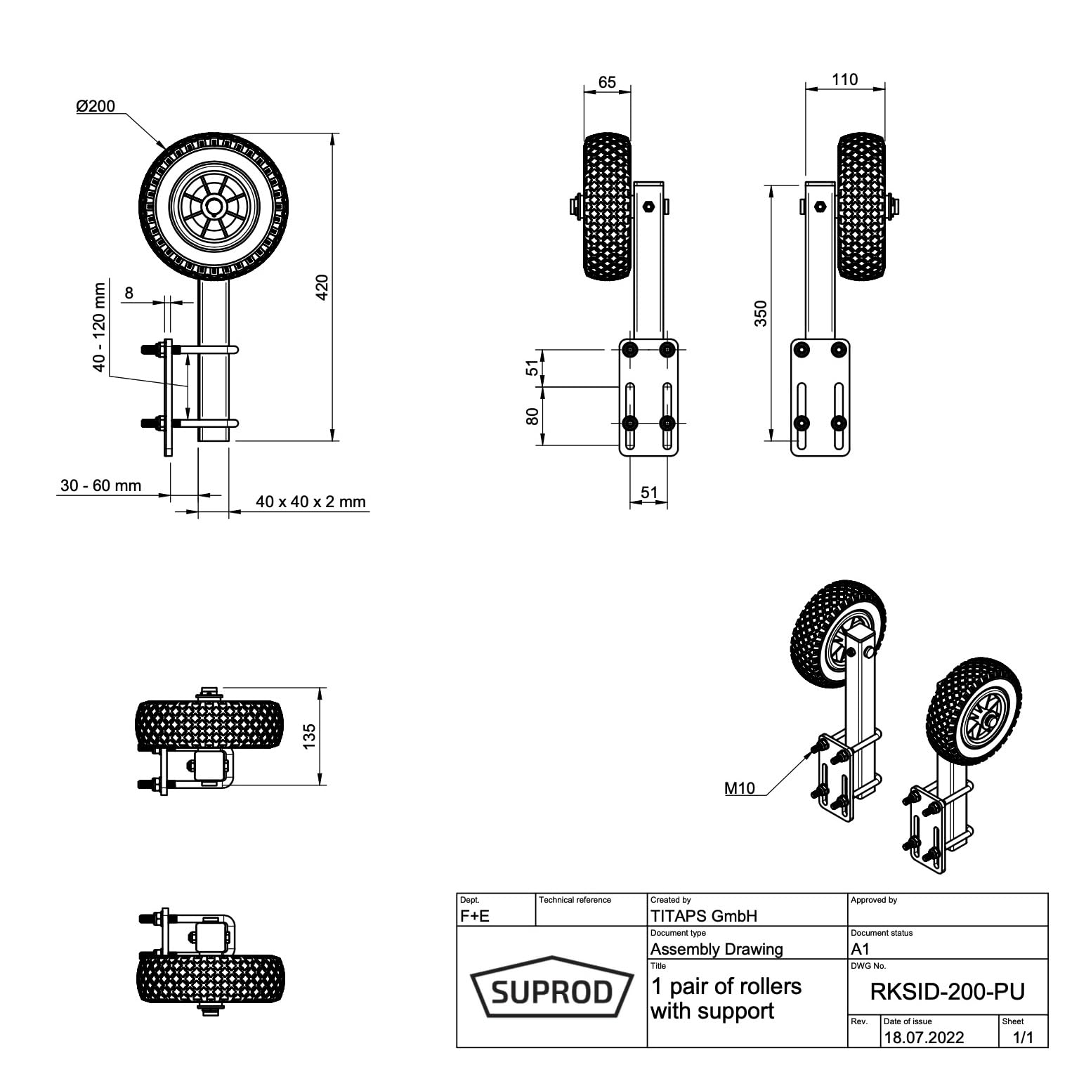 1 Paar Sliprollen mit Stütze Sliphilfe Bootstrailer PU-Reifen RKSID-200-PU, Ø 200 mm