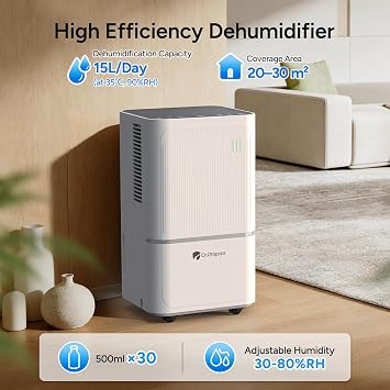 DR.PREPARE 15L/Day Dehumidifier for Home with Continuous Drainage & 2L Gal Bucket, Portable Dehumidifier for Bedroom Bathroom, Laundry Drying, Intelligent Humidistat, 3 Modes, 24H Timer, Auto Shutoff