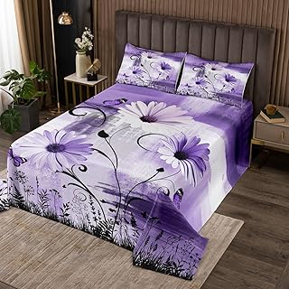 Rustic Floral Quilt Bedding Set Queen Size,Farm Daisy Flowers Butterfly Country Bedspread Coverlet for Girls Teens,Purple Abstract Art Graffiti Soft Polyester Quilt Set, All Season