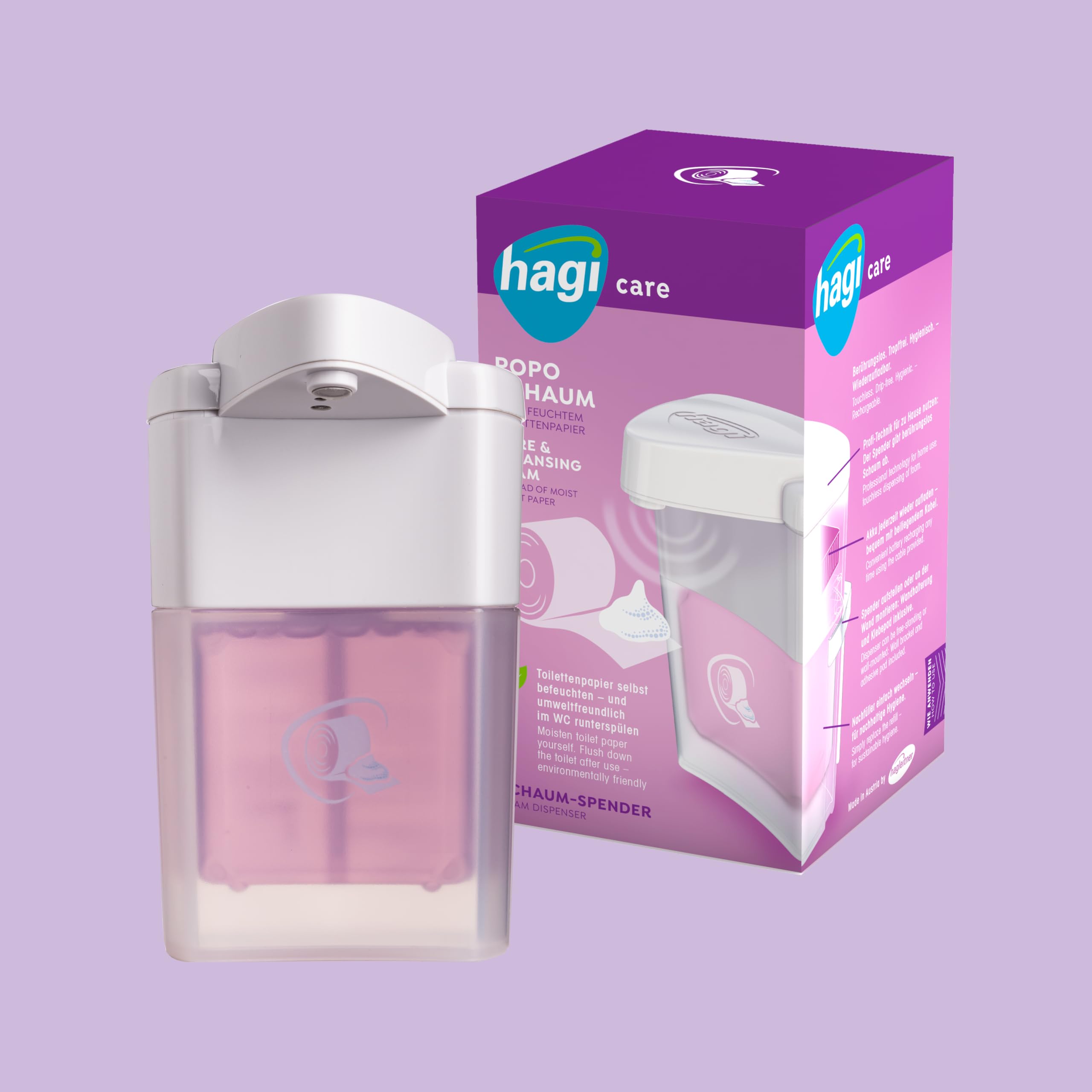 Schiuma hagi per la cura e l'igiene intima al posto delle salviette umidificate: erogata senza contatto dal dispenser automatico di schiuma hagi (a batteria)