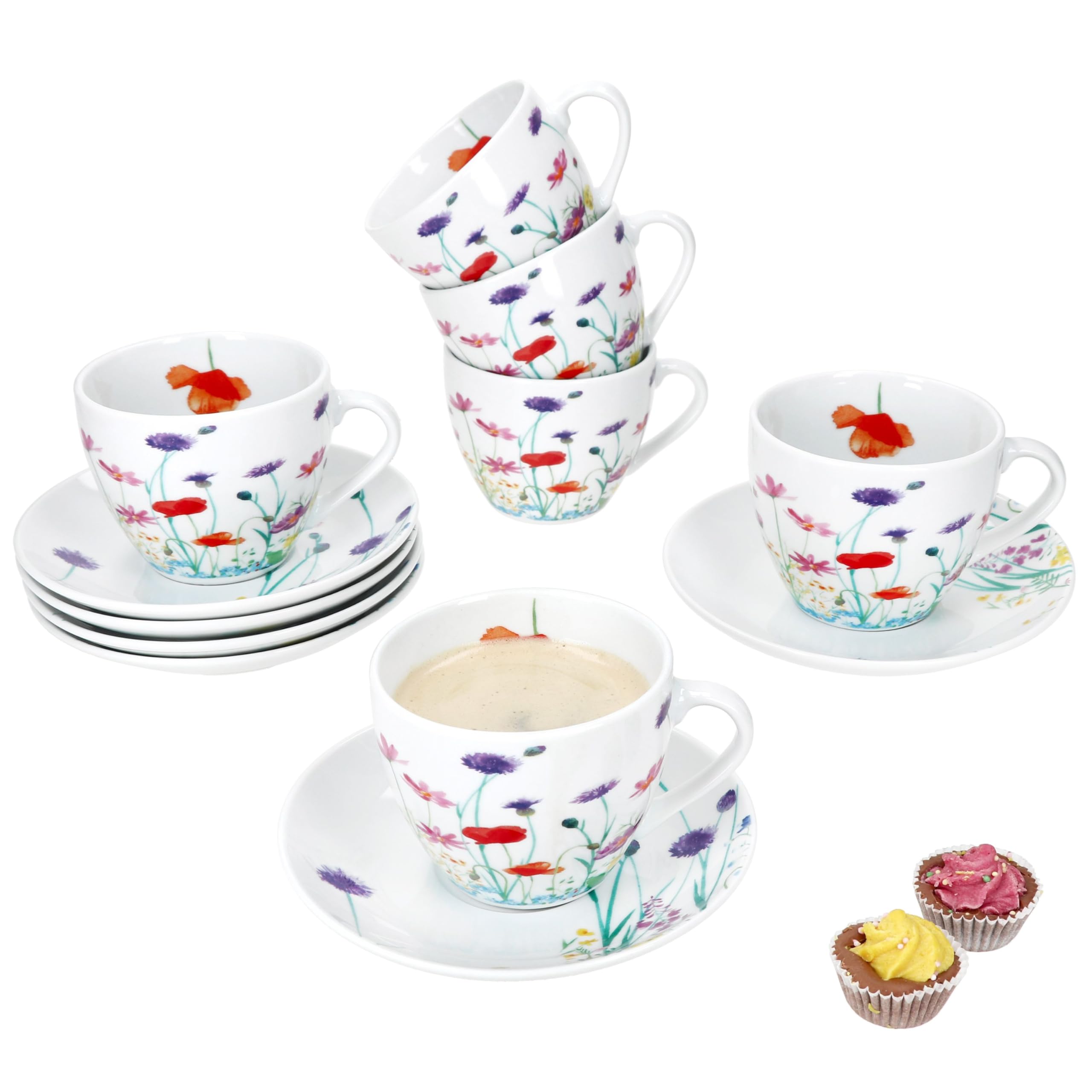 MamboCat Marie - Set di tazze da caffè con piattini per 6 persone, in porcellana con prato floreale, per colazione e caffè, 6 tazze da tè da 190 ml e piattini