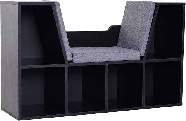 HOMCOM Bookcase Storage Shelf with Cushioned Reading Seat, Cube Bookshelf Organizer for Bedroom Living Room, Black